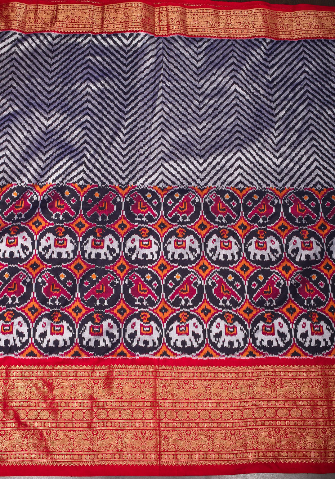 Unique Midnight Blue Ikkat Patola Kanjivaram Fusion Silk Saree with Panel design and zari border | SILK MARK CERTIFIED