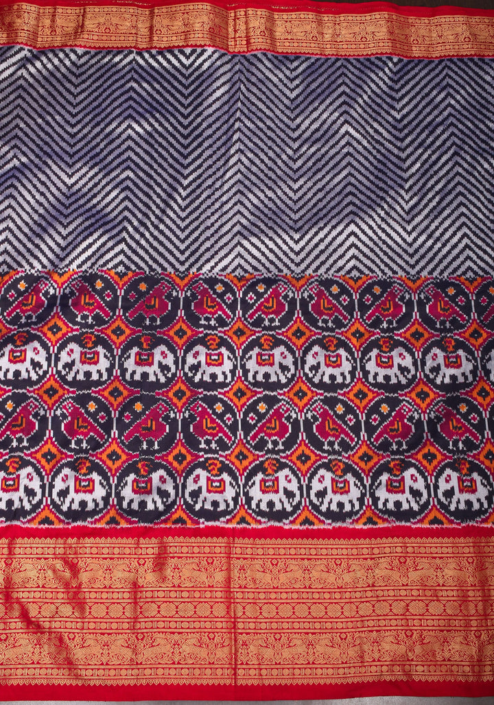 Unique Midnight Blue Ikkat Patola Kanjivaram Fusion Silk Saree with Panel design and zari border | SILK MARK CERTIFIED