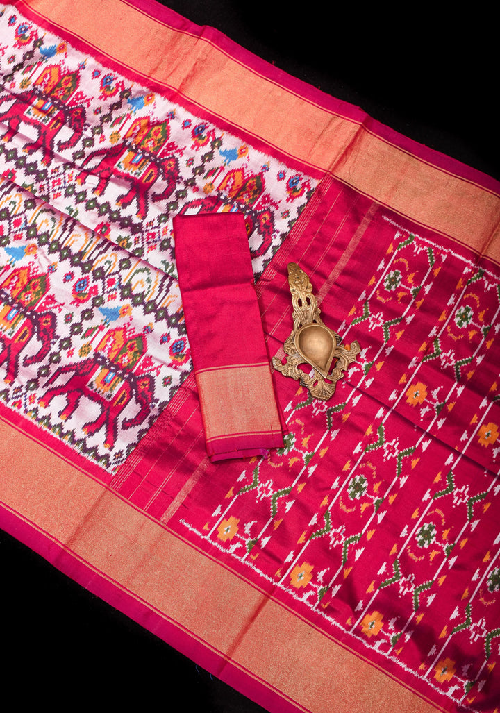 White Ikkat Patola Pure Silk Saree with Royal Elehant Theme I SILK MARK CERTIFIED
