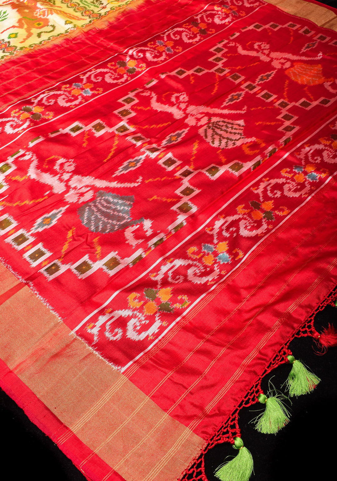 Ivory Lime Ikkat Pure Silk Saree with Jungle Inspired Motifs and Contrast Red border I SILK MARK CERTIFIED