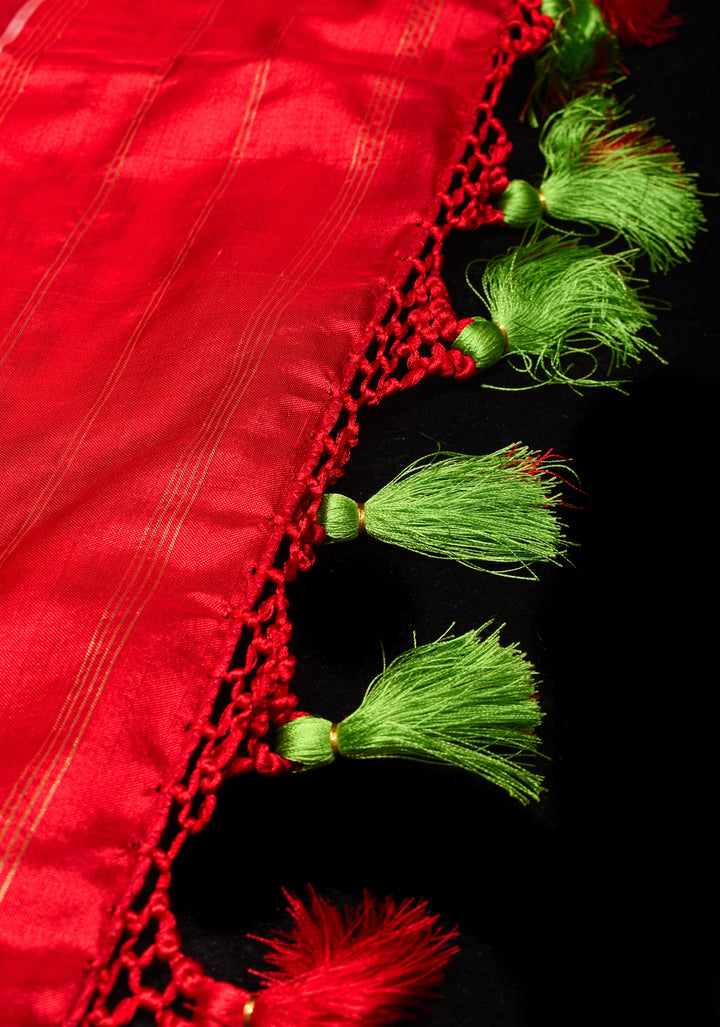 Ivory Lime Ikkat Pure Silk Saree with Jungle Inspired Motifs and Contrast Red border I SILK MARK CERTIFIED