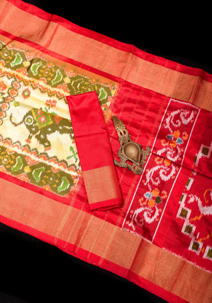 Ivory Lime Ikkat Pure Silk Saree with Jungle Inspired Motifs and Contrast Red border I SILK MARK CERTIFIED