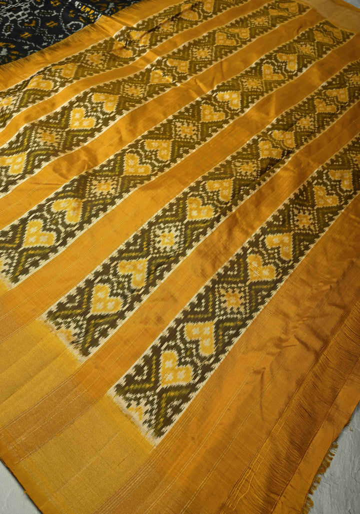 Black Pochampally Ikkat Pure Silk Saree with Brocade and Contrast Zari Border | SILK MARK CERTIFIED