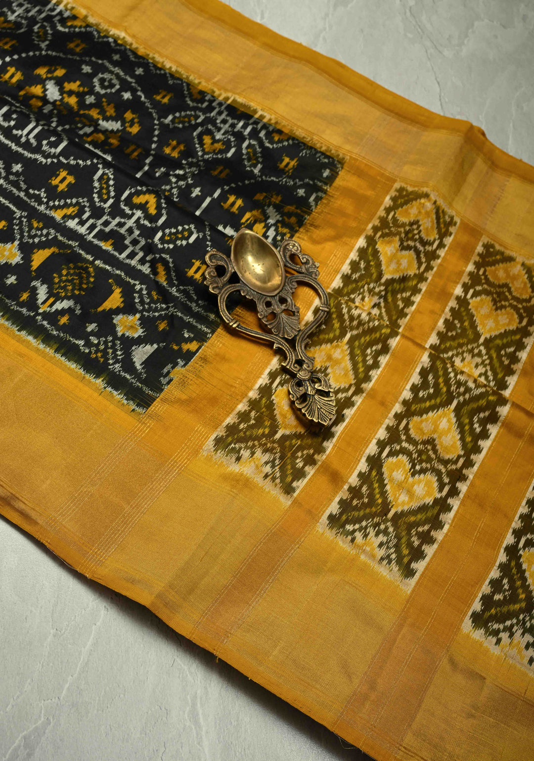 Black Pochampally Ikkat Pure Silk Saree with Brocade and Contrast Zari Border | SILK MARK CERTIFIED