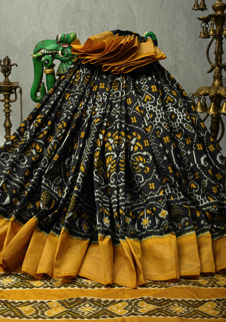 Black Pochampally Ikkat Pure Silk Saree with Brocade and Contrast Zari Border | SILK MARK CERTIFIED