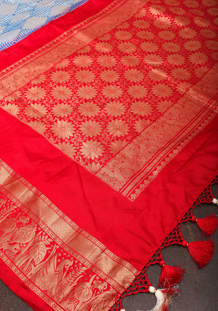 Blue and White Base Ikkat Optical Illusion Design Patola with Kanjivaram Pure Silk Fusion Saree  | SILK MARK CERTIFIED