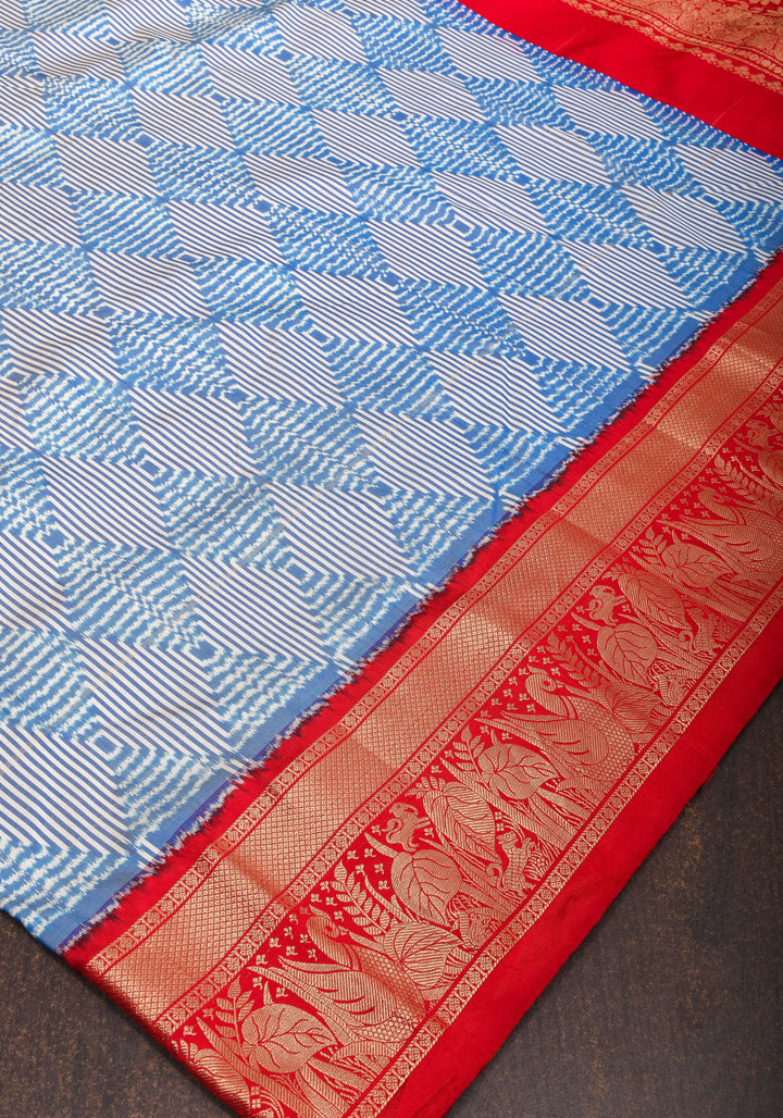 Blue and White Base Ikkat Optical Illusion Design Patola with Kanjivaram Pure Silk Fusion Saree  | SILK MARK CERTIFIED