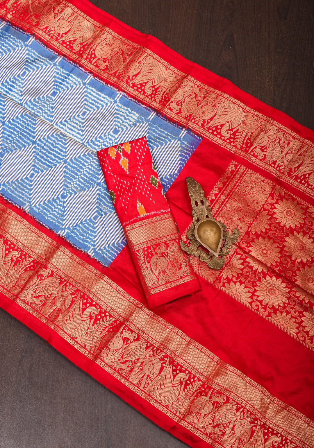 Blue and White Base Ikkat Optical Illusion Design Patola with Kanjivaram Pure Silk Fusion Saree  | SILK MARK CERTIFIED