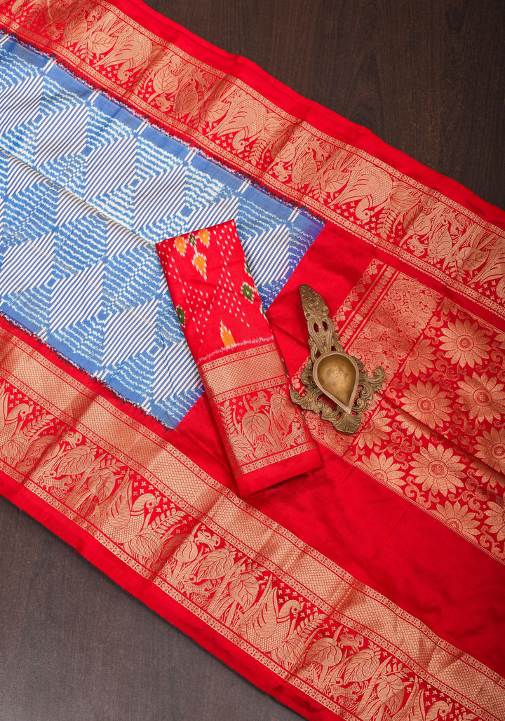 Blue and White Base Ikkat Optical Illusion Design Patola with Kanjivaram Pure Silk Fusion Saree  | SILK MARK CERTIFIED