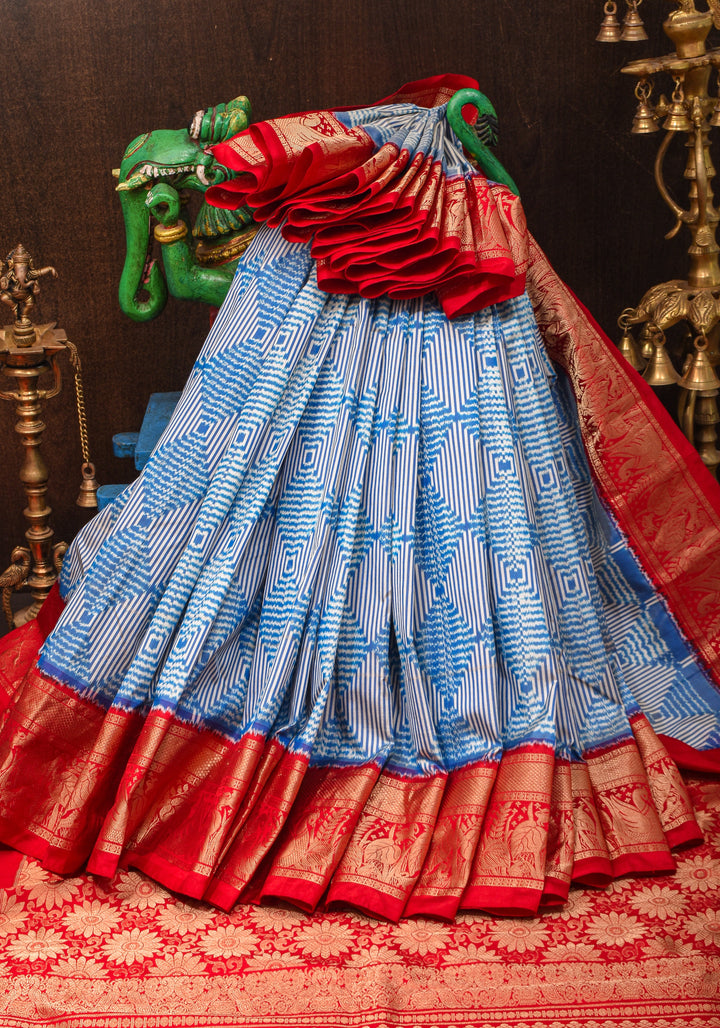 Blue and White Base Ikkat Optical Illusion Design Patola with Kanjivaram Pure Silk Fusion Saree  | SILK MARK CERTIFIED