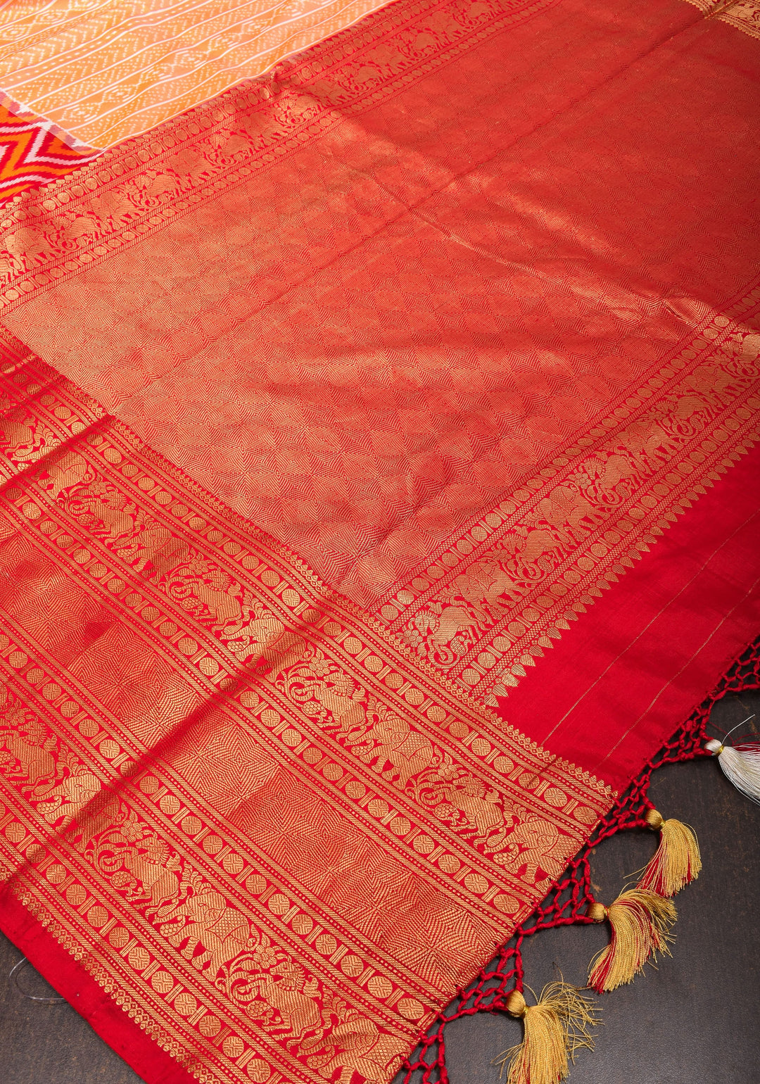 Peach Orange Ikkat Kanjivaram Fusion Pure Silk Saree with Ikkat pattern body and Zari Border| SILK MARK CERTIFIED