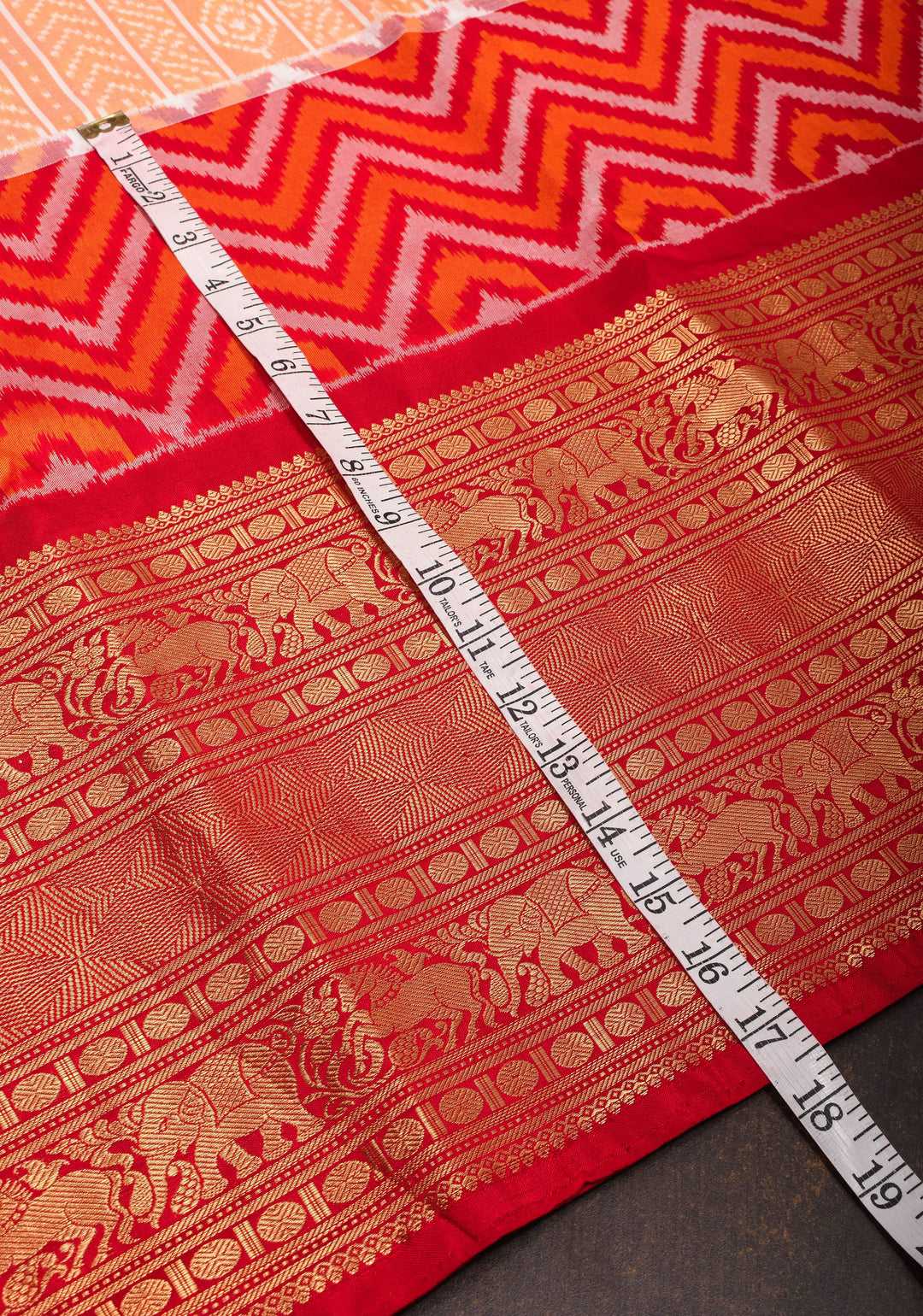 Peach Orange Ikkat Kanjivaram Fusion Pure Silk Saree with Ikkat pattern body and Zari Border| SILK MARK CERTIFIED