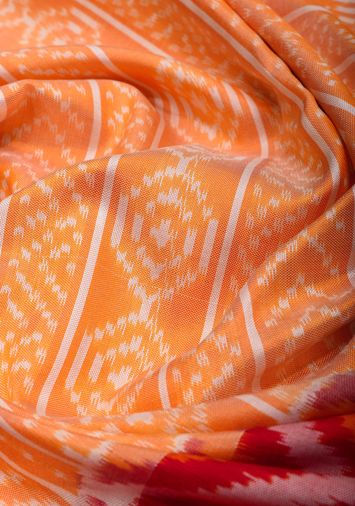 Peach Orange Ikkat Kanjivaram Fusion Pure Silk Saree with Ikkat pattern body and Zari Border| SILK MARK CERTIFIED