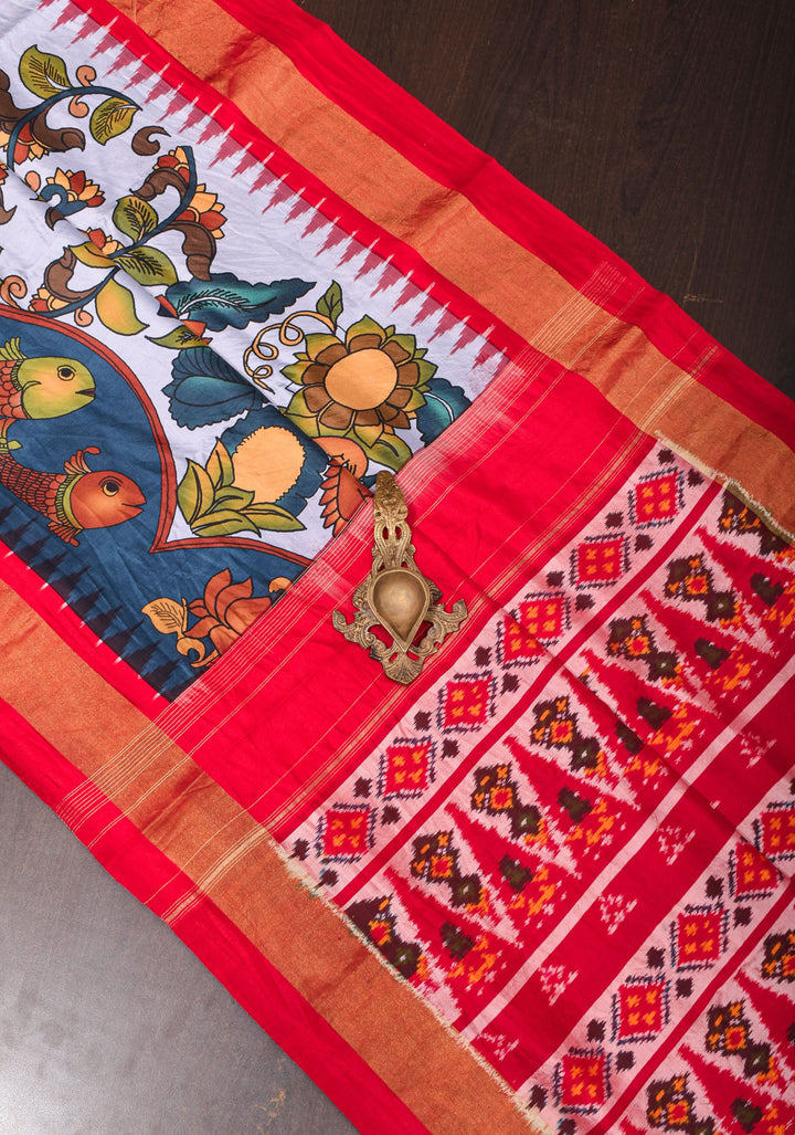 Heather Blue Kalamkari Shikargah theme Digital print Pure Silk saree with zari Border and ikkat pallu  | SILK MARK CERTIFIED