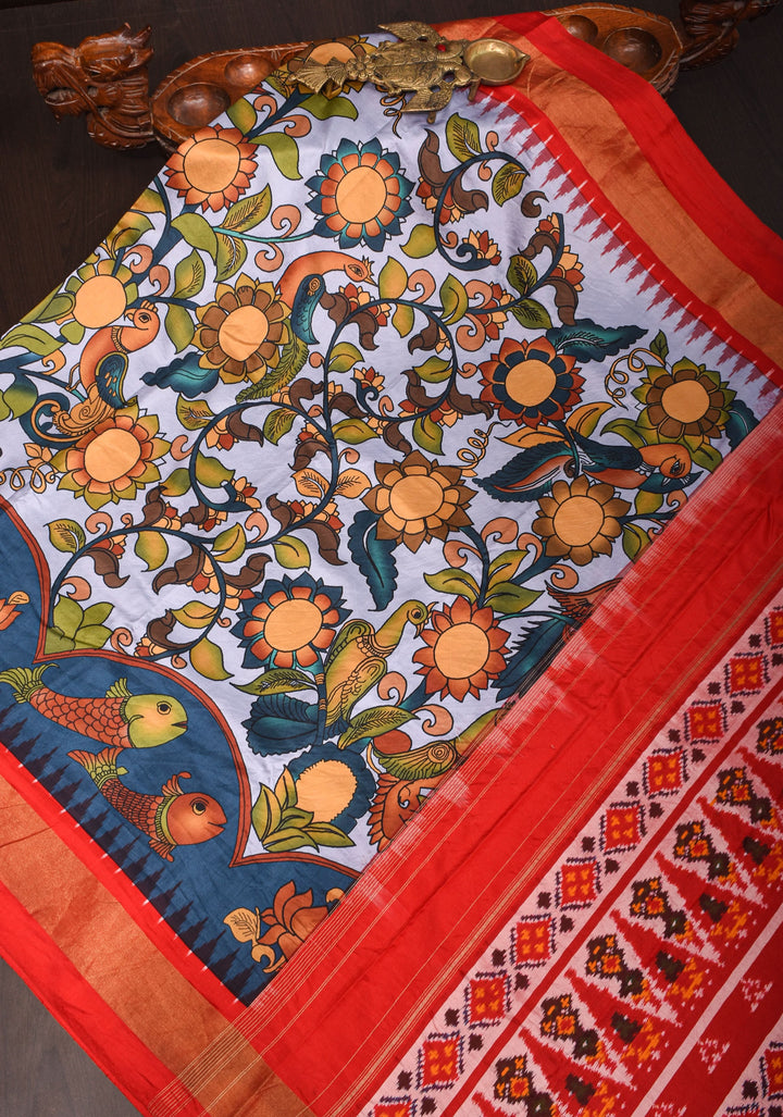 Heather Blue Kalamkari Shikargah theme Digital print Pure Silk saree with zari Border and ikkat pallu  | SILK MARK CERTIFIED