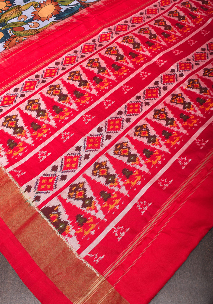 Heather Blue Kalamkari Shikargah theme Digital print Pure Silk saree with zari Border and ikkat pallu  | SILK MARK CERTIFIED