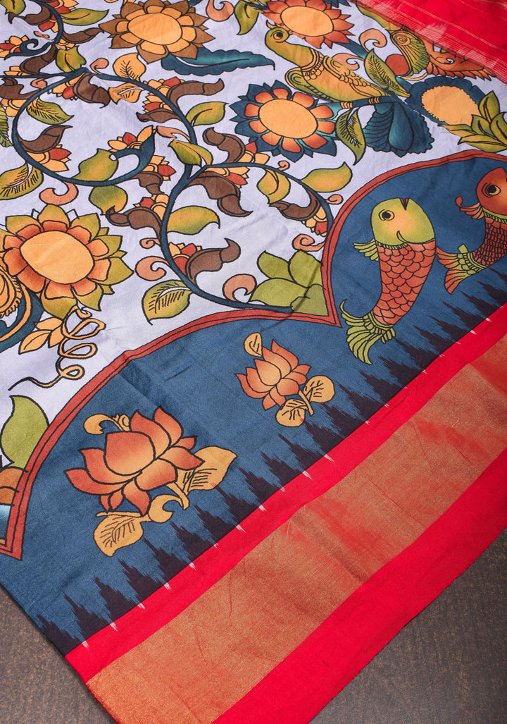 Heather Blue Kalamkari Shikargah theme Digital print Pure Silk saree with zari Border and ikkat pallu  | SILK MARK CERTIFIED