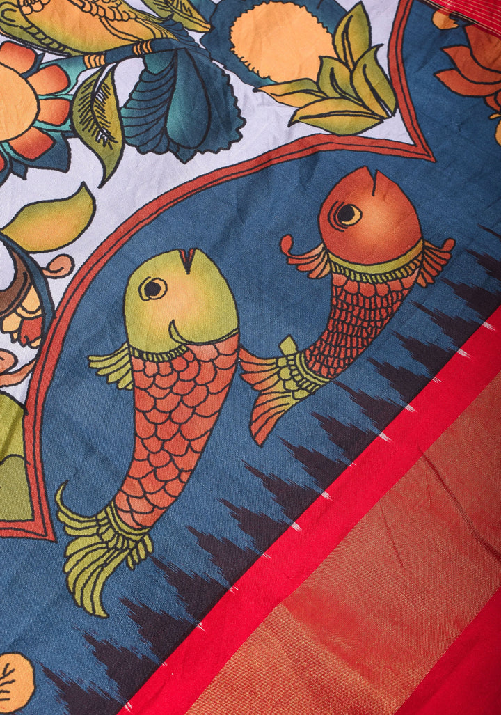 Heather Blue Kalamkari Shikargah theme Digital print Pure Silk saree with zari Border and ikkat pallu  | SILK MARK CERTIFIED