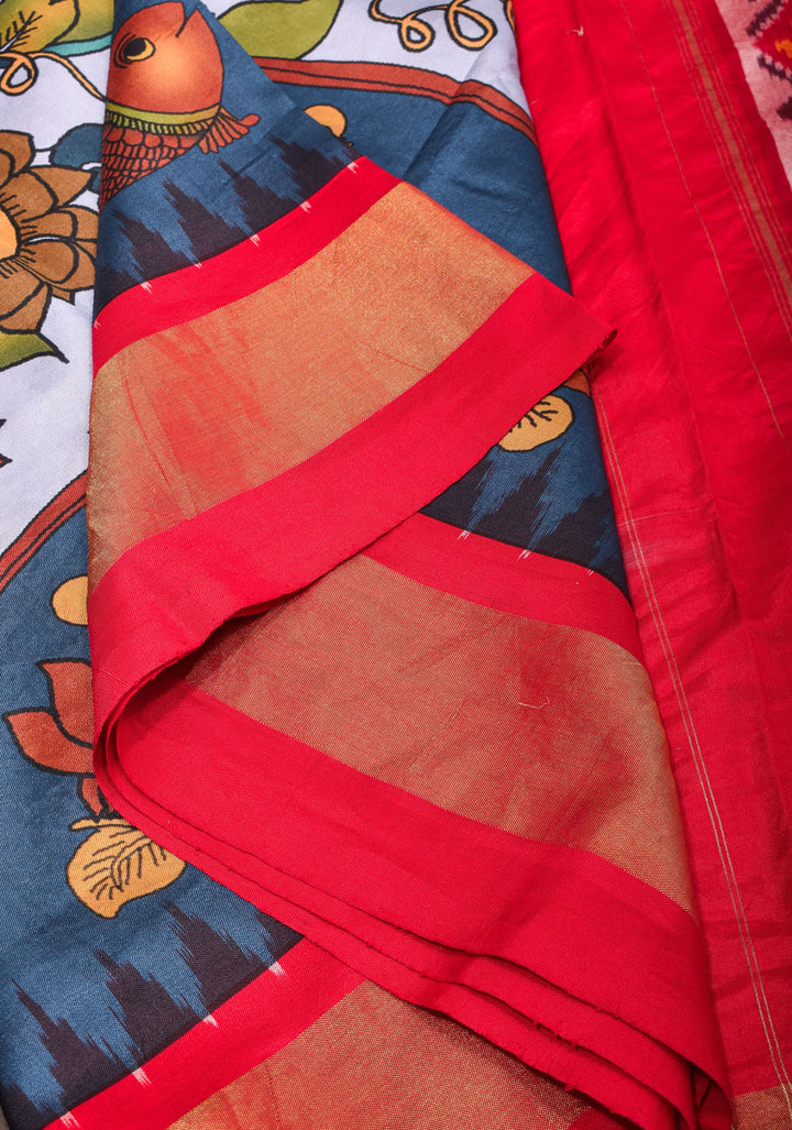 Heather Blue Kalamkari Shikargah theme Digital print Pure Silk saree with zari Border and ikkat pallu  | SILK MARK CERTIFIED