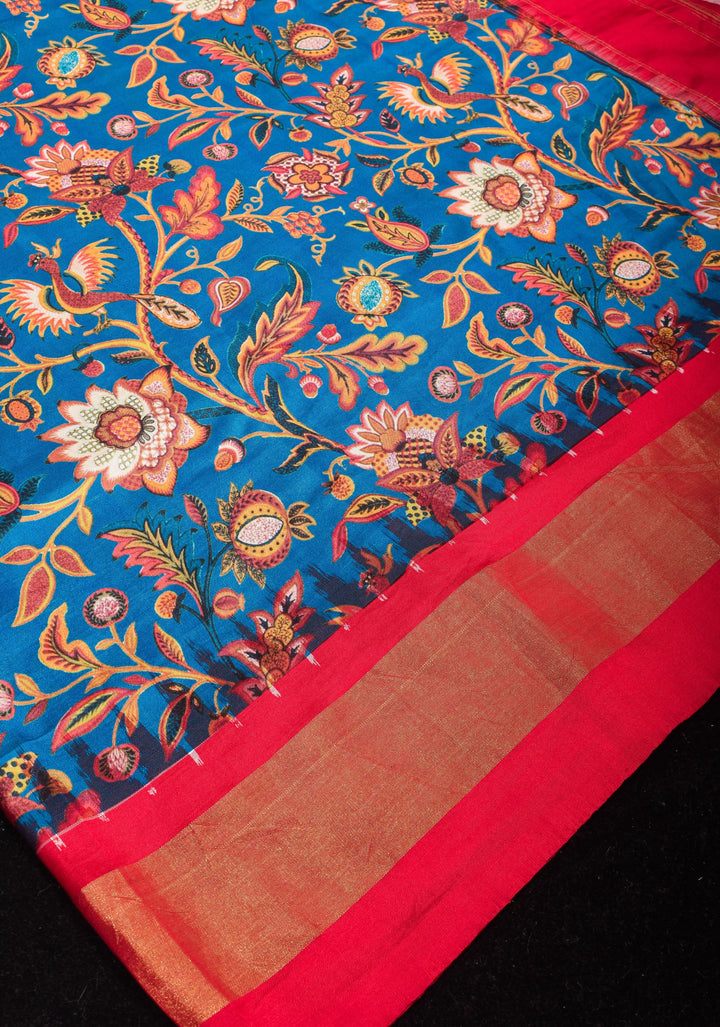 Blue Forest theme Digital print Pure Silk saree with muted zari Border and ikkat pallu  | SILK MARK CERTIFIED