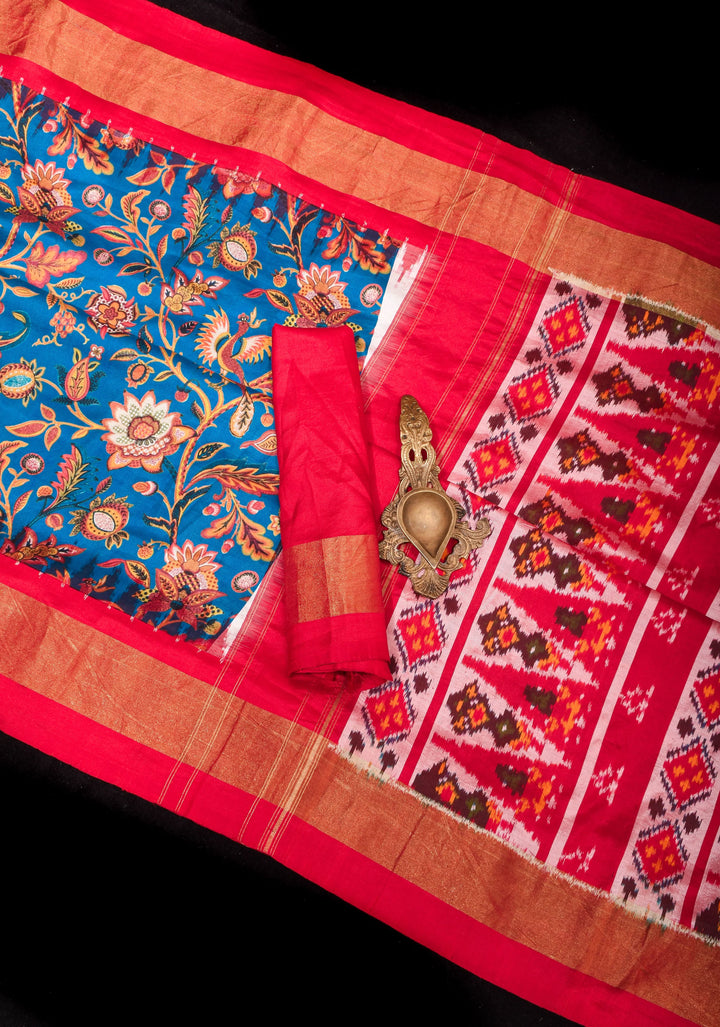 Blue Forest theme Digital print Pure Silk saree with muted zari Border and ikkat pallu  | SILK MARK CERTIFIED