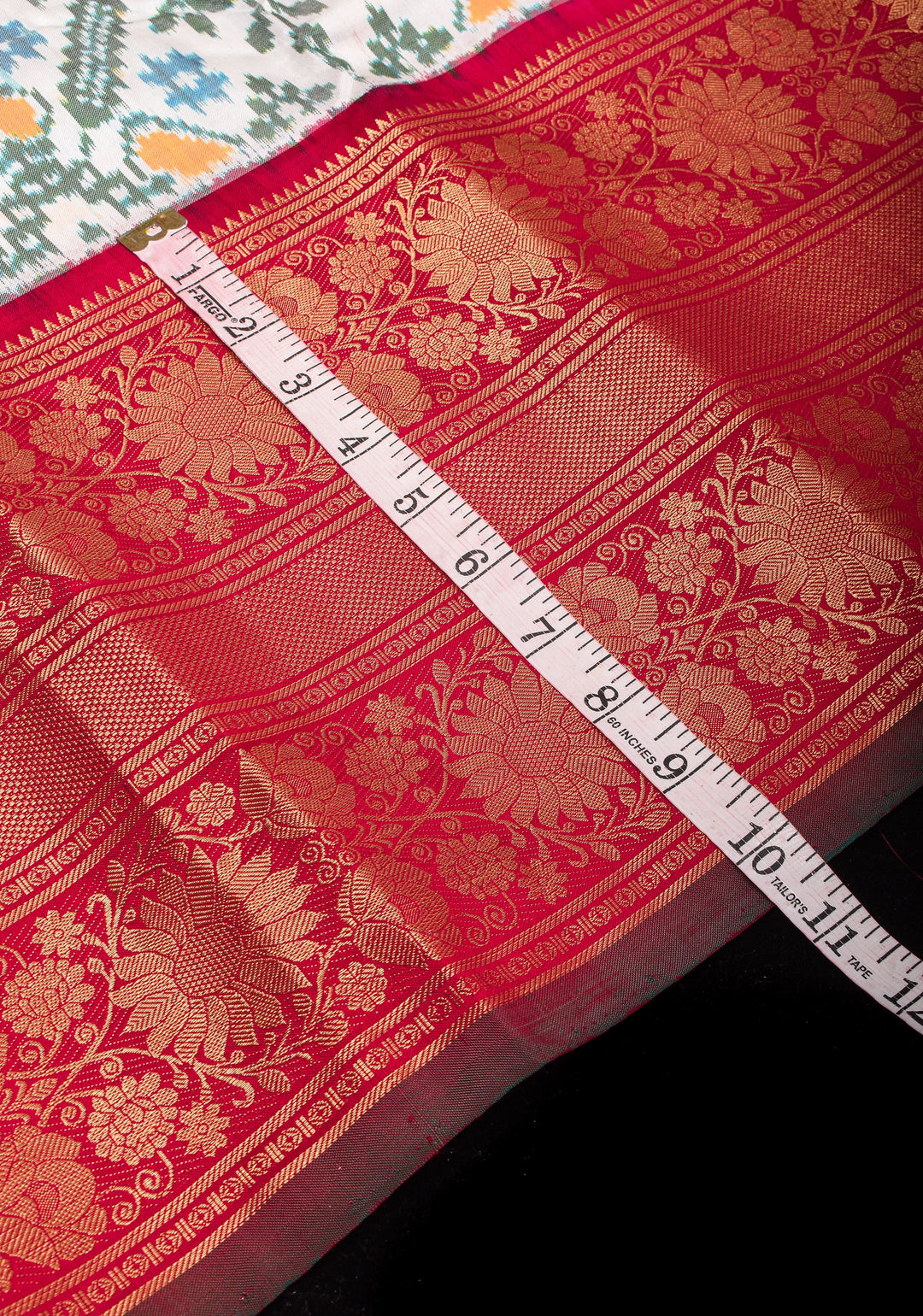 White and Red Exquisite Ikkat Kanjivaram Fusion Silk Saree with Grand Pallu and Wide Zari Border | SILK MARK CERTIFIED
