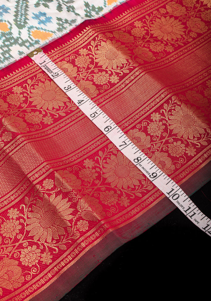 White and Red Exquisite Ikkat Kanjivaram Fusion Silk Saree with Grand Pallu and Wide Zari Border | SILK MARK CERTIFIED