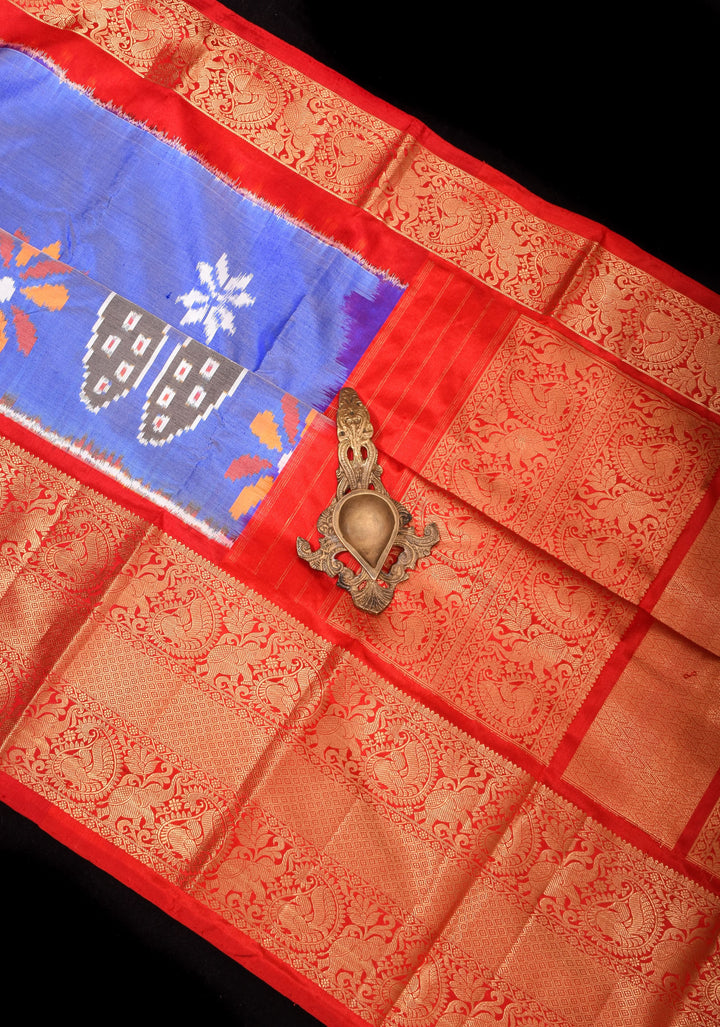 Lilac Blue Ikkat Kanjivaram Pure Silk Saree with Dual Peacock Motif and Contrast Red Border  | SILK MARK CERTIFIED