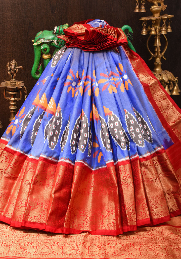 Lilac Blue Ikkat Kanjivaram Pure Silk Saree with Dual Peacock Motif and Contrast Red Border  | SILK MARK CERTIFIED
