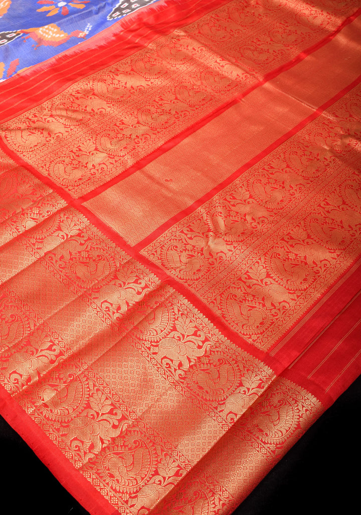 Lilac Blue Ikkat Kanjivaram Pure Silk Saree with Dual Peacock Motif and Contrast Red Border  | SILK MARK CERTIFIED