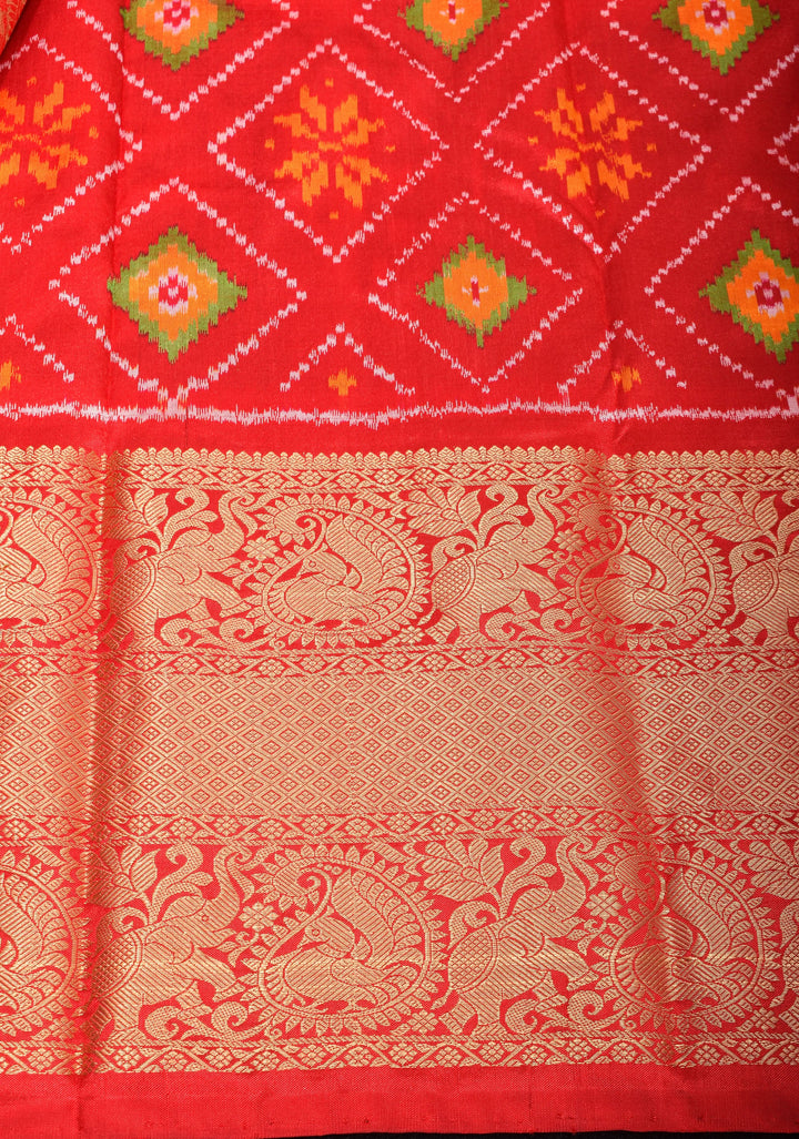 Lilac Blue Ikkat Kanjivaram Pure Silk Saree with Dual Peacock Motif and Contrast Red Border  | SILK MARK CERTIFIED