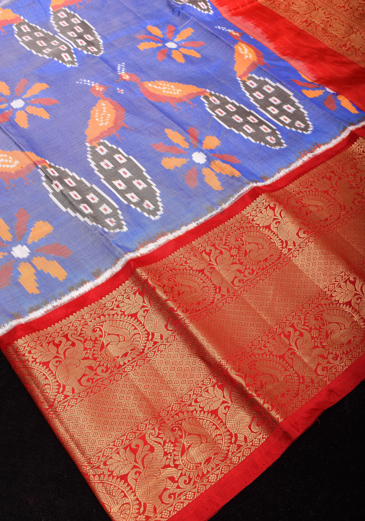 Lilac Blue Ikkat Kanjivaram Pure Silk Saree with Dual Peacock Motif and Contrast Red Border  | SILK MARK CERTIFIED