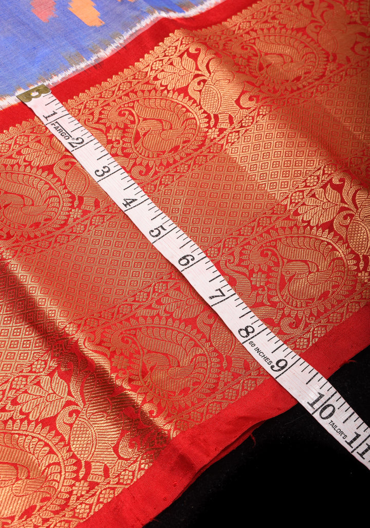 Lilac Blue Ikkat Kanjivaram Pure Silk Saree with Dual Peacock Motif and Contrast Red Border  | SILK MARK CERTIFIED