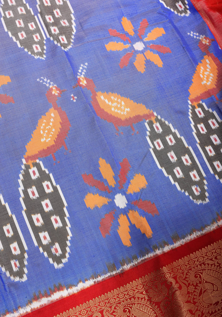 Lilac Blue Ikkat Kanjivaram Pure Silk Saree with Dual Peacock Motif and Contrast Red Border  | SILK MARK CERTIFIED