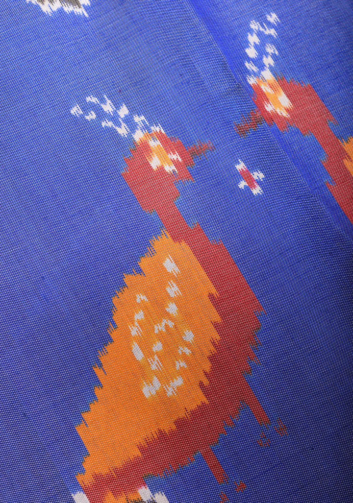 Lilac Blue Ikkat Kanjivaram Pure Silk Saree with Dual Peacock Motif and Contrast Red Border  | SILK MARK CERTIFIED