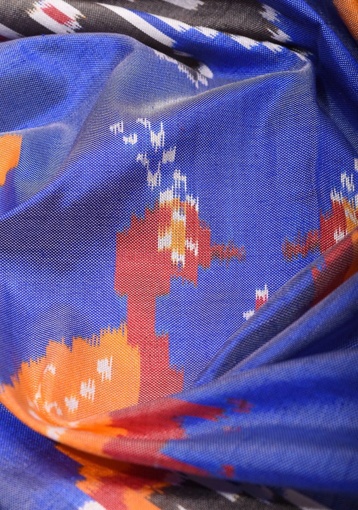 Lilac Blue Ikkat Kanjivaram Pure Silk Saree with Dual Peacock Motif and Contrast Red Border  | SILK MARK CERTIFIED