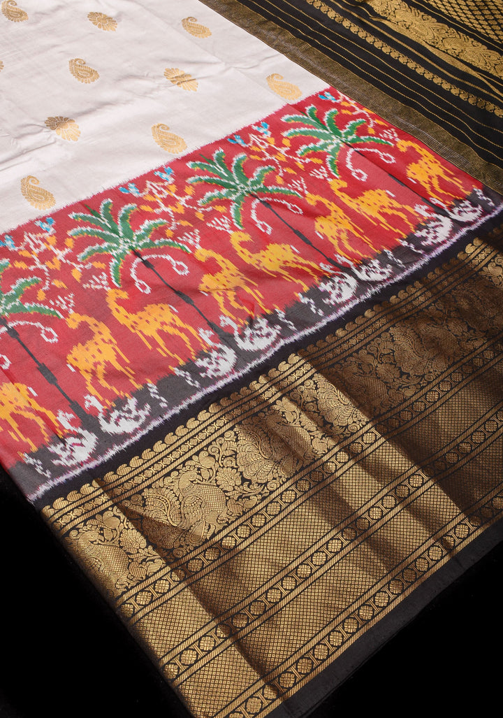 Light Gray Ikkat Kanjivaram Fusion Saree with Ikkat Panel Design and Zari Buttas | SILK MARK CERTIFIED