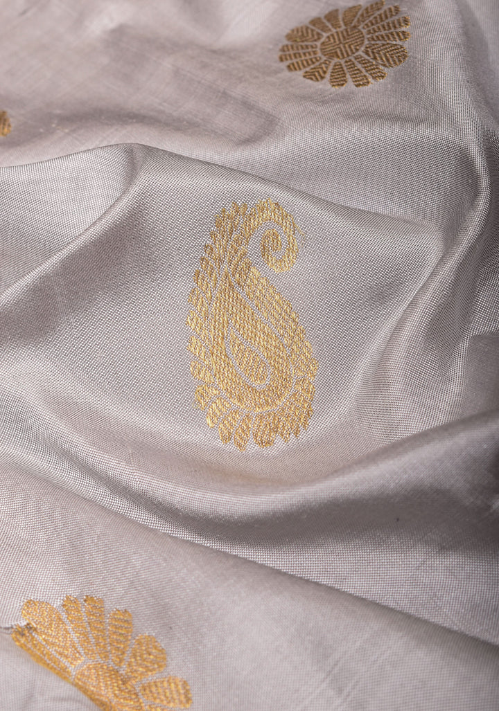 Light Gray Ikkat Kanjivaram Fusion Saree with Ikkat Panel Design and Zari Buttas | SILK MARK CERTIFIED
