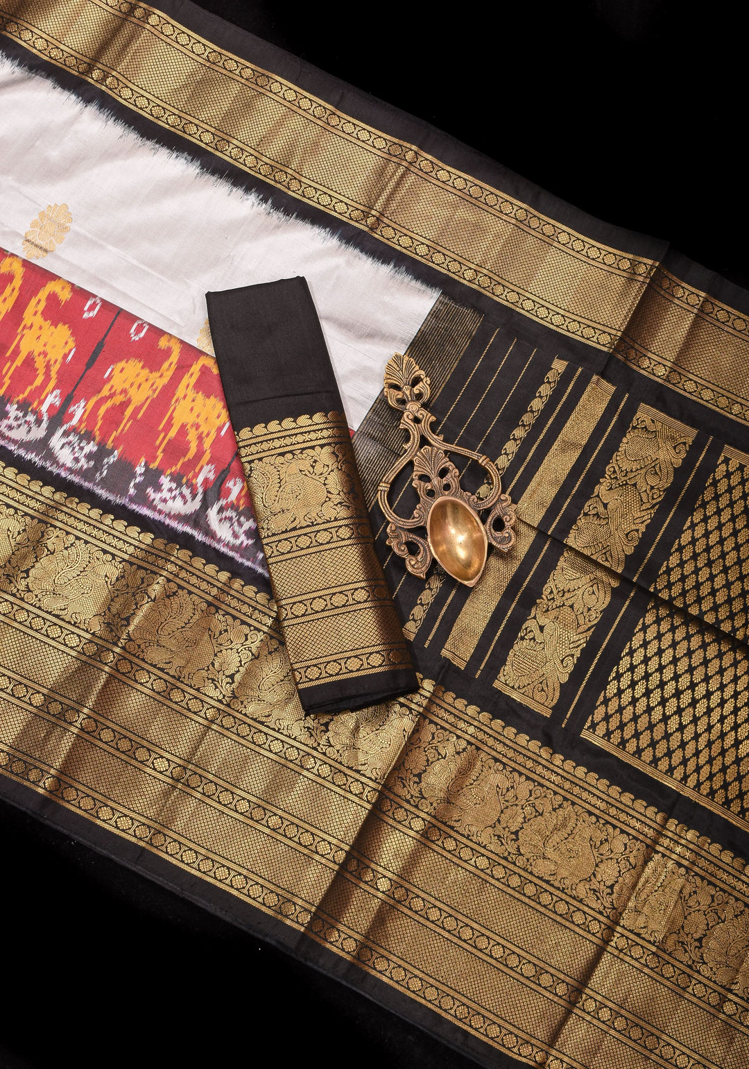 Light Gray Ikkat Kanjivaram Fusion Saree with Ikkat Panel Design and Zari Buttas | SILK MARK CERTIFIED