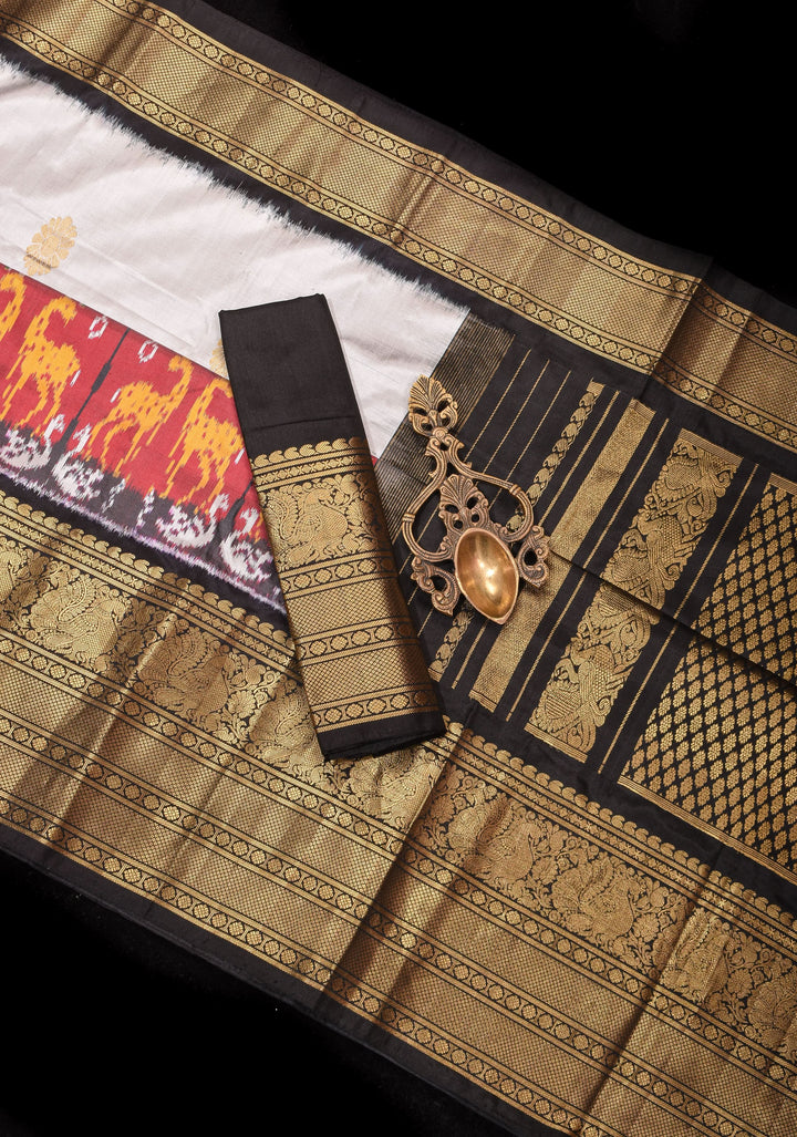 Light Gray Ikkat Kanjivaram Fusion Saree with Ikkat Panel Design and Zari Buttas | SILK MARK CERTIFIED