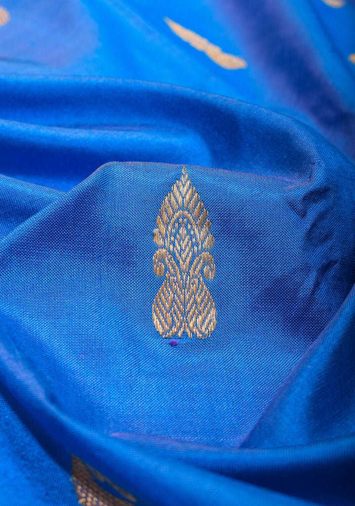 Blue Ikkat Kanjivaram Fusion Saree with Ikkat Panel Design and Paisley Motifs| SILK MARK CERTIFIED