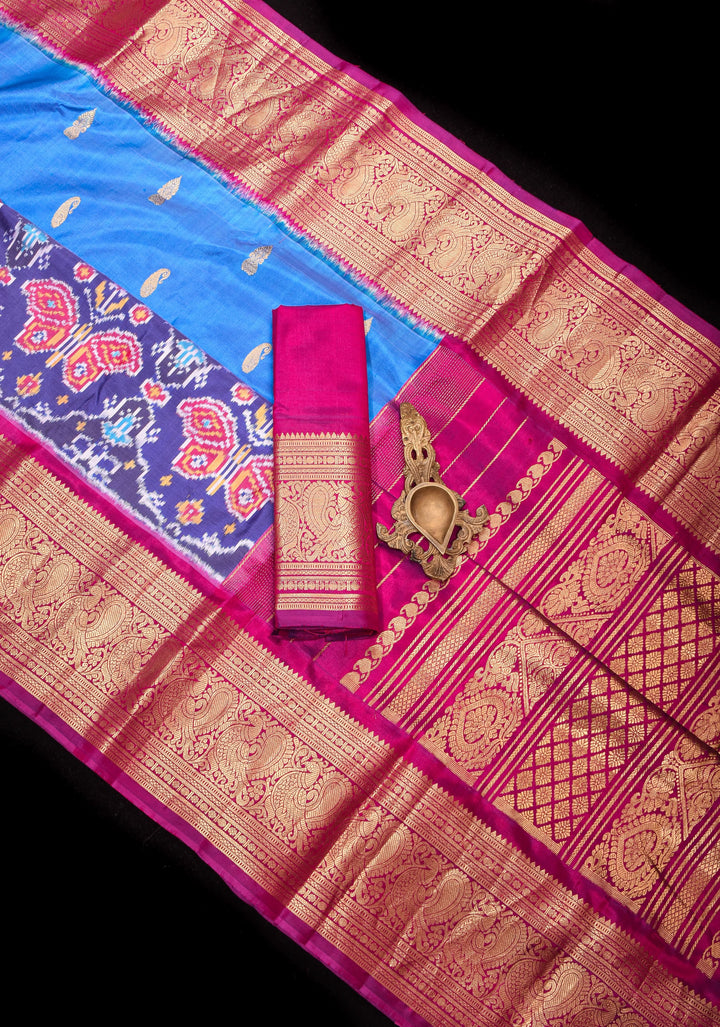 Blue Ikkat Kanjivaram Fusion Saree with Ikkat Panel Design and Paisley Motifs| SILK MARK CERTIFIED