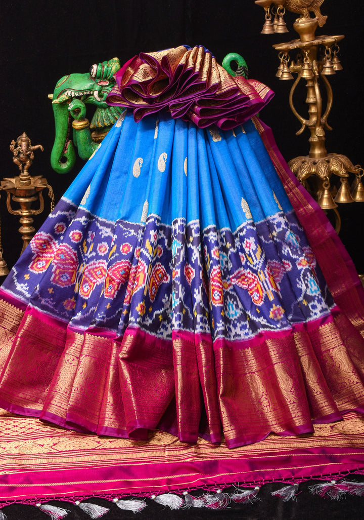 Blue Ikkat Kanjivaram Fusion Saree with Ikkat Panel Design and Paisley Motifs| SILK MARK CERTIFIED