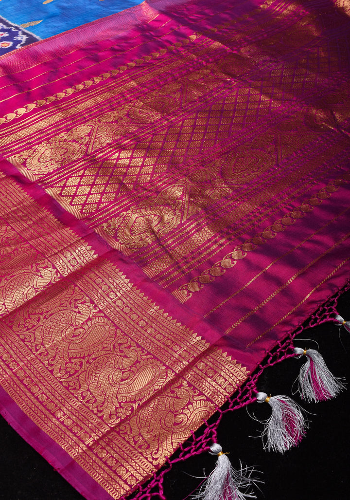 Blue Ikkat Kanjivaram Fusion Saree with Ikkat Panel Design and Paisley Motifs| SILK MARK CERTIFIED