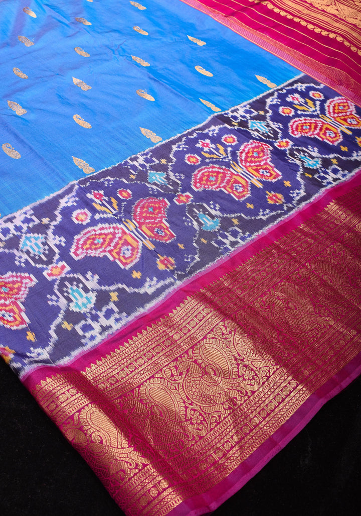 Blue Ikkat Kanjivaram Fusion Saree with Ikkat Panel Design and Paisley Motifs| SILK MARK CERTIFIED