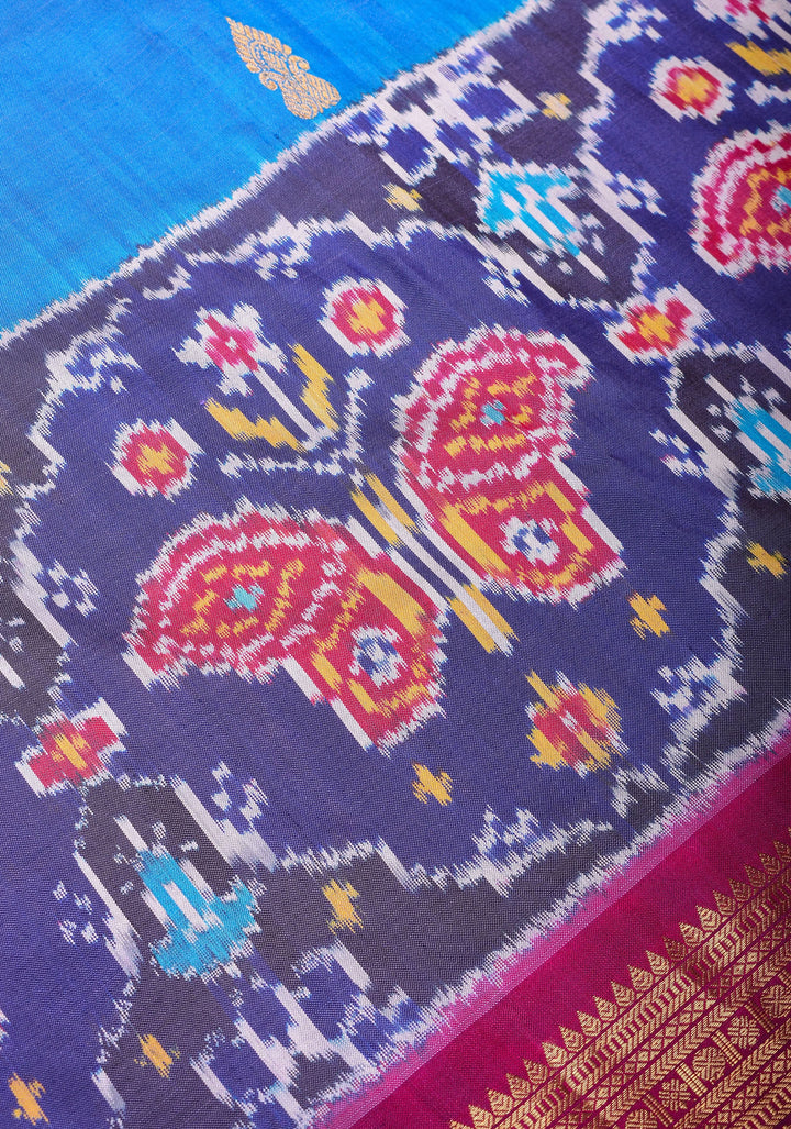 Blue Ikkat Kanjivaram Fusion Saree with Ikkat Panel Design and Paisley Motifs| SILK MARK CERTIFIED