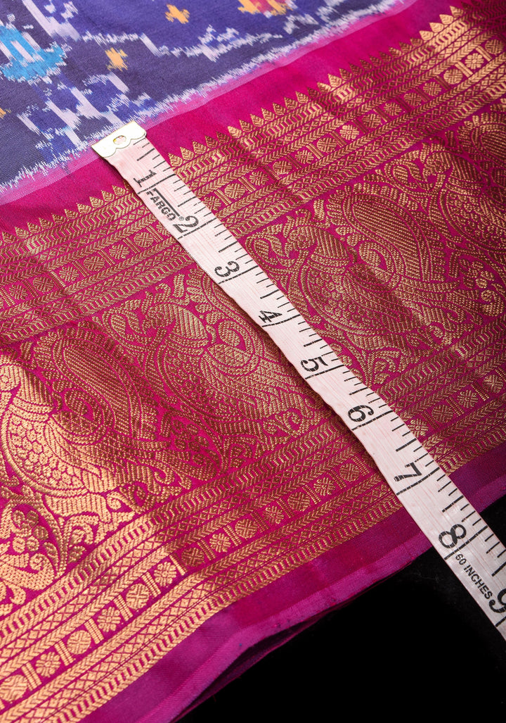 Blue Ikkat Kanjivaram Fusion Saree with Ikkat Panel Design and Paisley Motifs| SILK MARK CERTIFIED