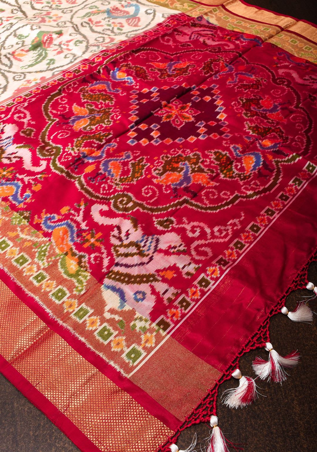 Ivory Ikkat Kanjivaram Fusion Silk Saree with Peacock & Parrot Motifs and zari border | SILK MARK CERTIFIED