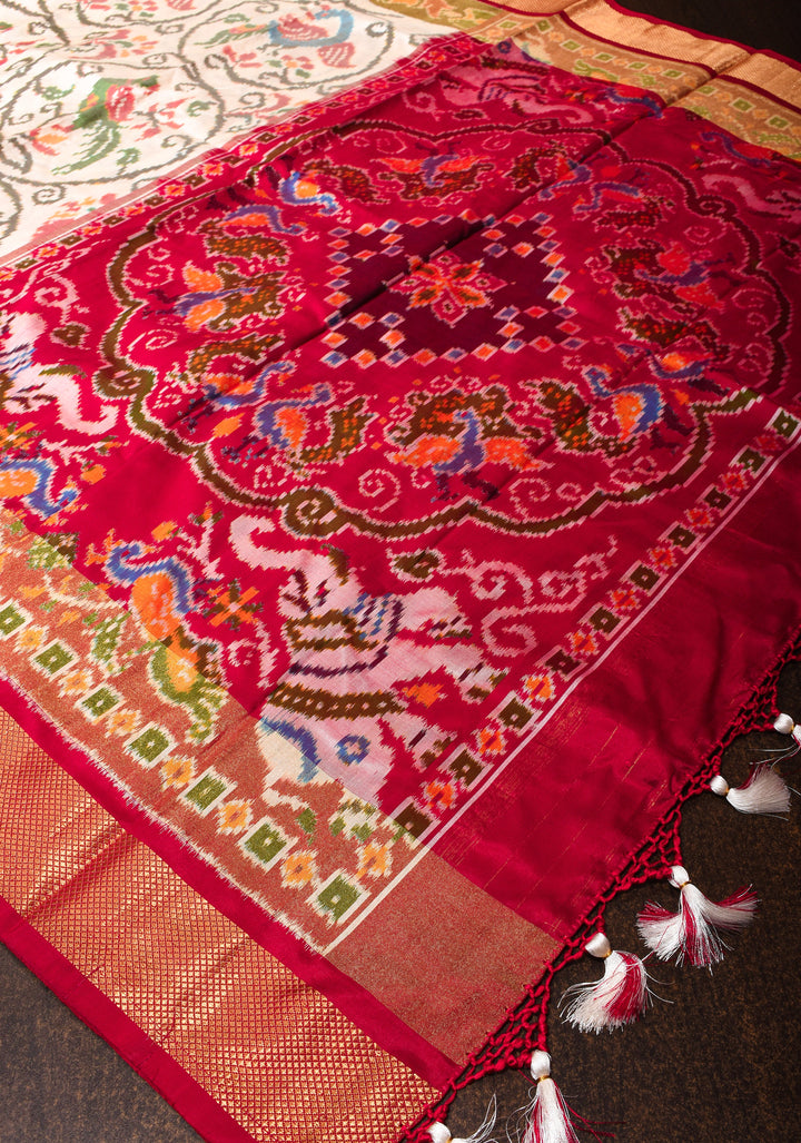 Ivory Ikkat Kanjivaram Fusion Silk Saree with Peacock & Parrot Motifs and zari border | SILK MARK CERTIFIED