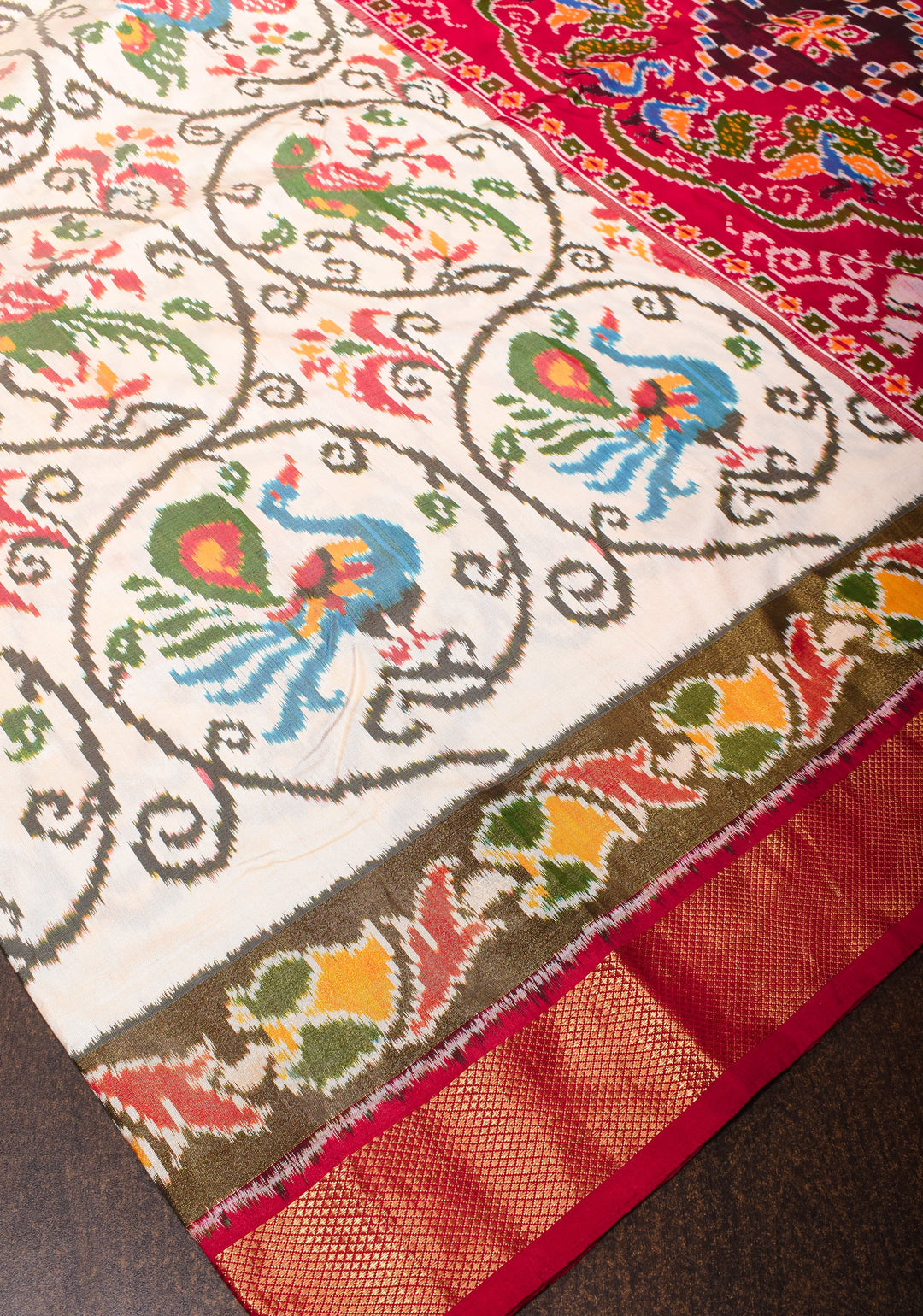 Ivory Ikkat Kanjivaram Fusion Silk Saree with Peacock & Parrot Motifs and zari border | SILK MARK CERTIFIED